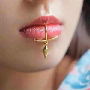 Gold Geometric Lip Ring Hoop with Dangle Spike – Statement Fake Piercing Jewelry